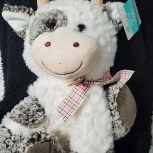 Adorable Plush Cow Toy with Pink Plaid Bow